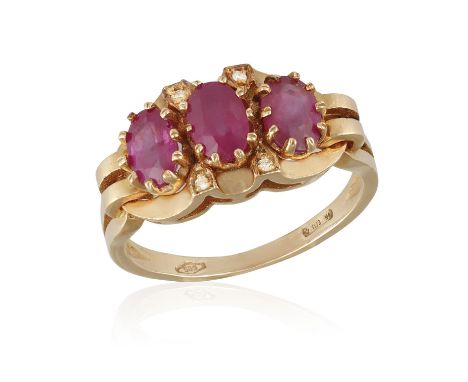A RUBY AND DIAMOND RING, the three oval-shaped rubies accented with single-cut diamonds, mounted in 14K gold, Italian registr