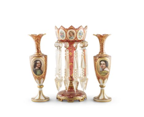 A PAIR OF VICTORIAN RUBY GLASS VASESeach decorated with a portrait and a floral spray in an oval plaque and with all over fol