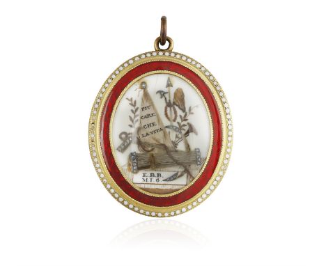 A VICTORIAN ENAMEL AND DIAMOND MOURNING PENDANT, of oval shape, both sides decorated with braided hair within enamel detailin