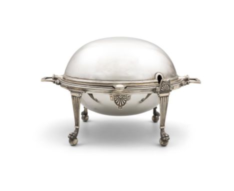 A SILVER ROLL-OVER TOP BREAKFAST DISH WITH LINERSLondon c.1902, mark of William Hutton and Sons Ltd, of plain ovoid form, on 