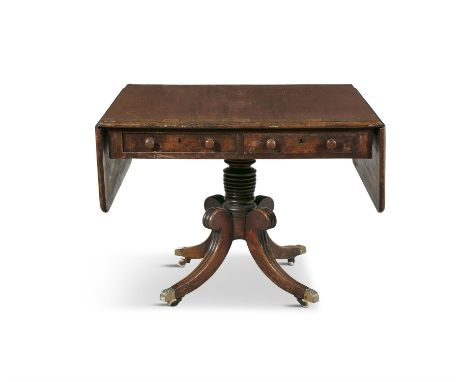 A GEORGE IV STYLE MAHOGANY DOUBLE DROP LEAF SOFA TABLE,the moulded top, above twin frieze drawers, raised on quadruped base w