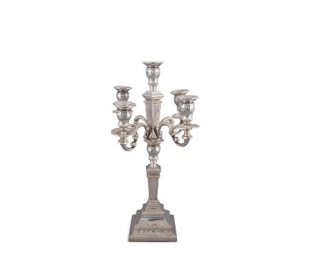 AN AMERICAN 'STERLING' FIVE LIGHT SILVER CANDELABRUMstamped 'Sterling' .925, of neo-classical design, with scroll arm branche