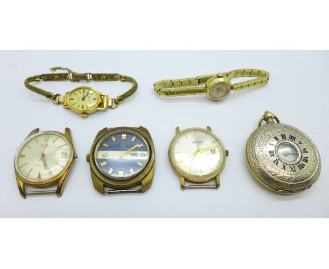 A Goela half hunter pocket watch, three gentleman's wristwatches and two lady's wristwatches 