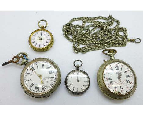 A Roskopf pocket watch, a silver fob watch, guard chain and two other pocket watches 