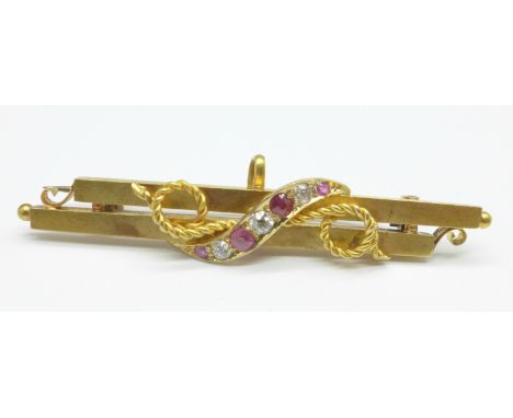 A c1900 15ct gold, diamond and ruby brooch, 3.6g, (mark worn) 