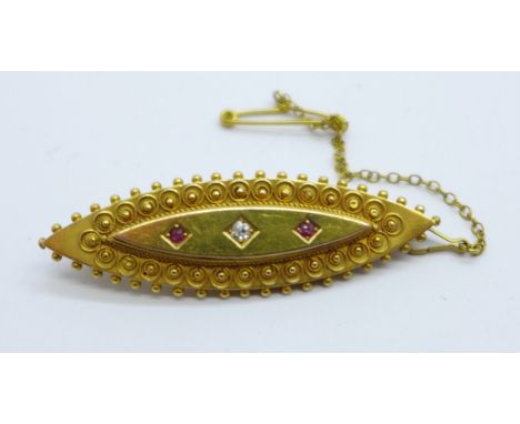 A 15ct gold, diamond and ruby brooch, 6.2g 