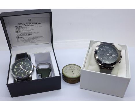 A pocket barometer, a T &amp; J military alpine wristwatch and knife box set and a NY London sports chronograph wristwatch, b