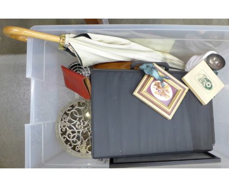 Assorted items; parasol, riding crop, two plated rose bowls, a Denby dish, cassette tapes, a Backgammon set, a framed Balmora