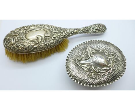 A silver and cut glass trinket dish, Birmingham 1905, lid a/f, and a silver backed brush 