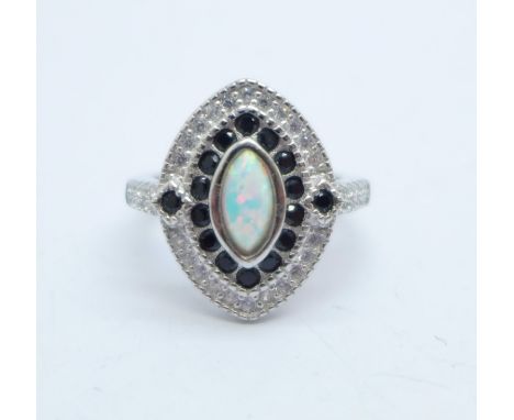 A navette shaped cluster ring set with black and white stones and a synthetic opal, marked 925, size P 