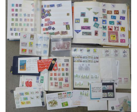 A collection of worldwide stamps in five albums and forty first day covers, 1970's and 1980's plus a mint 10 Shillings Note 