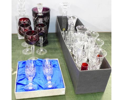 A collection of glass including a Bohemian vase, decanter and four glasses and a Czechoslovakian candlestick 