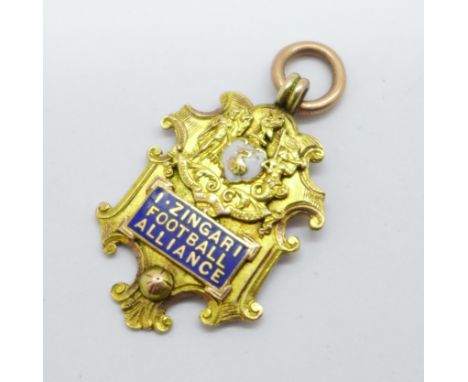 A 9ct gold and enamel football fob medal, I-Zingari Football Alliance, - 'Second Division 1922-23, Aintree United, T. Bickers