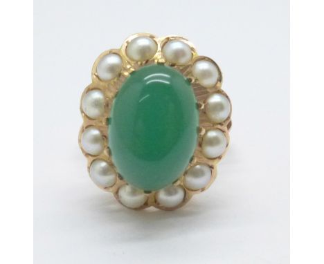 A 14ct gold, green stone and pearl ring, 5.9g, M 