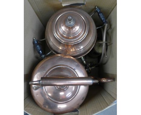 A copper samovar, copper kettle, a musical miner's lamp and stand, a plated sugar shaker and a brass hearth brush **PLEASE NO