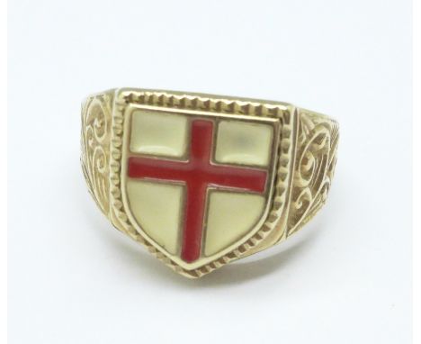 A 9ct gold St. George cross shield ring, 8.2g, X 