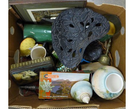 A cast metal book rest, tins, hunting print, carved box and other assorted items **PLEASE NOTE THIS LOT IS NOT ELIGIBLE FOR P