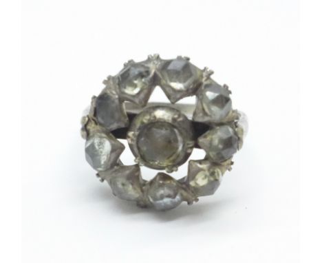 A rose cut cluster ring, set in white metal, L, ring top 17mm diameter, a/f