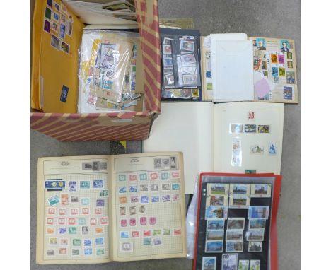 Three world stamps albums, a folder of stamps of buildings and architecture, Royal commemorative stamps, Royal Weddings, Quee