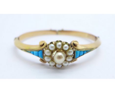 A Victorian yellow metal, pearl and turquoise bangle (tests as 9ct gold), 19.4g, with double hinge 