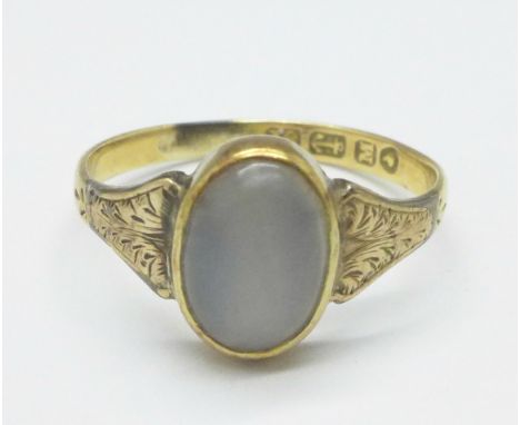 A Victorian 18ct gold and moonstone ring, Birmingham 1861, 2.6g, O 