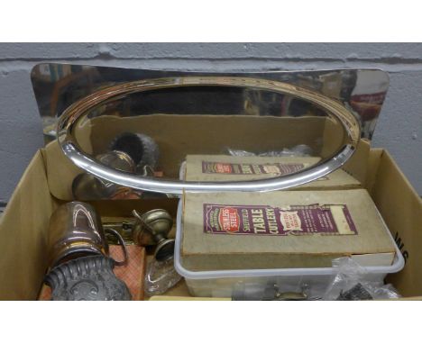 A box of mixed plated items and cutlery including an Indian embossed pot and a brass door knocker **PLEASE NOTE THIS LOT IS N