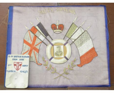 A WWI silk and needlework panel, Malta Souvenir and a carved stone ashtray with inscription 'To My Brother Bernard From John,