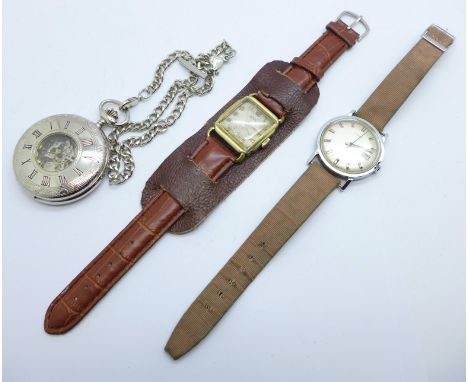 A Trebex wristwatch, a Timex wristwatch and a skeleton half hunter pocket watch 