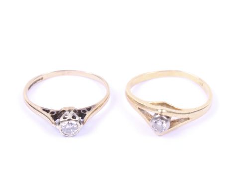 Two vintage gold and diamond and solitaire rings. Each set with a round brilliant diamond, one approx. 0.10cts, rub-over set 