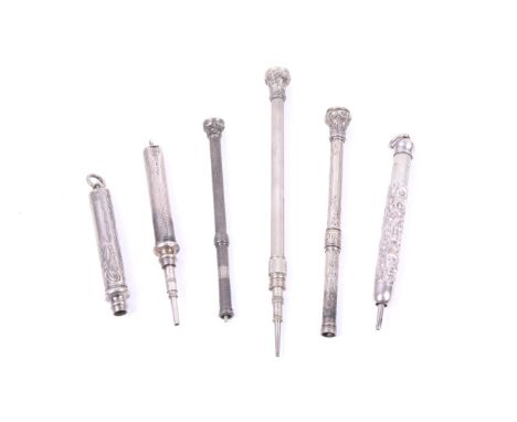 Six Victorian and later silver or white metal cylindrical propelling pencils. Comprising; a Victorian silver engine turned ex