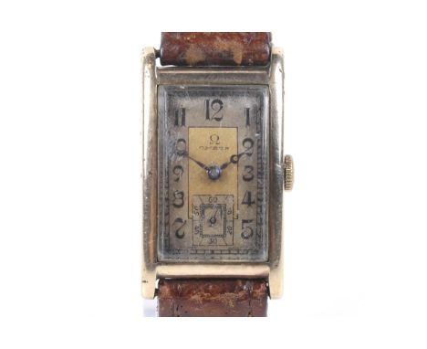Omega, a gentleman's 9ct gold cased 'tank-type' wrist watch, circa 1934. The gilt dial with Arabic numerals and a subsidiary 