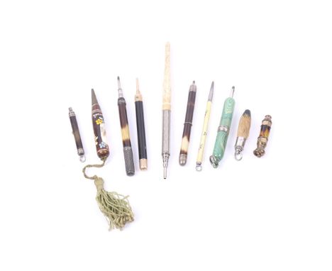 Ten various propelling pencils including a spiral decorated green plastic example. A guilloche enamelled slim example decorat