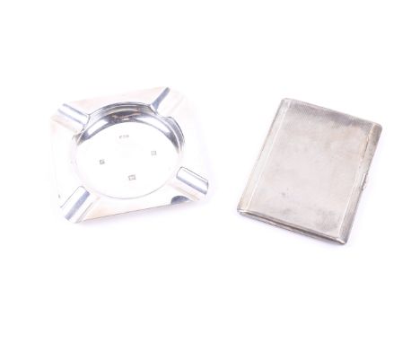 A silver cigarette case and square ash tray. The engine turned rectangular cigarette case with bevel edges and an internal in