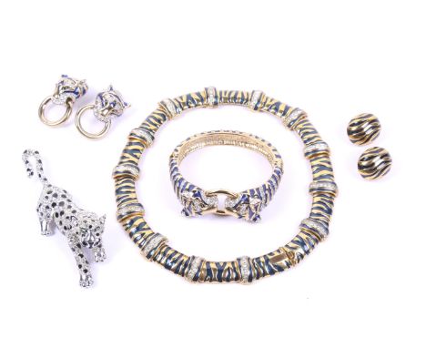 A gold-plated enamel and paste suite of costume jewellery paying tribute to The Duchess of Windsor's leopard jewels. Comprisi