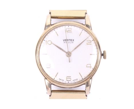 Vertex, Revue, a gentleman's 9ct gold round  bracelet watch, circa 1960. The cream dial with alternate raised gilt baton and 