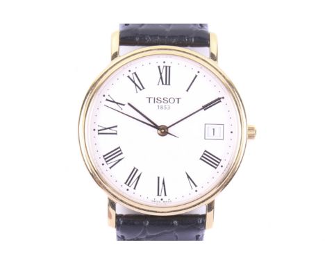 Tissot, a gentleman's gold-plated and stainless steel round quartz wrist watch. Ref T970/970, the white dial with black-paint