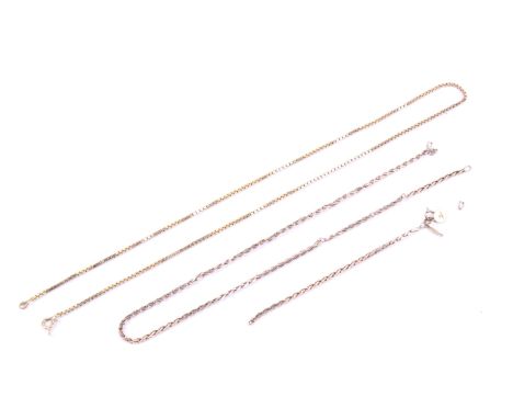Two vintage 9ct gold necklaces including an Italian box link chain. On an attached bolt-ring clasp, import hallmarks for Lond