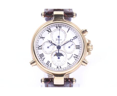 Stauer, Graves, a recent gold-plated stainless steel round automatic chronograph wrist watch. The white dial with black Roman