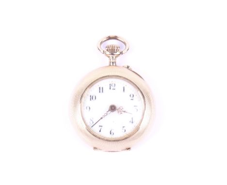 An early 20th century Swiss 14ct gold cased open-face keyless fob watch. The white dial with black painted Arabic numerals an