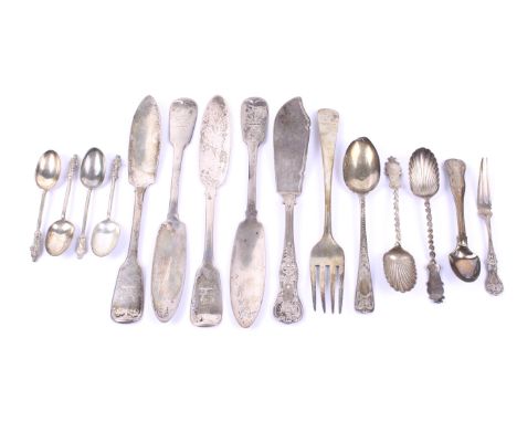 A collection of William IV and later silver flatware, to include four William IV Irish fiddle pattern fish knives. Each engra