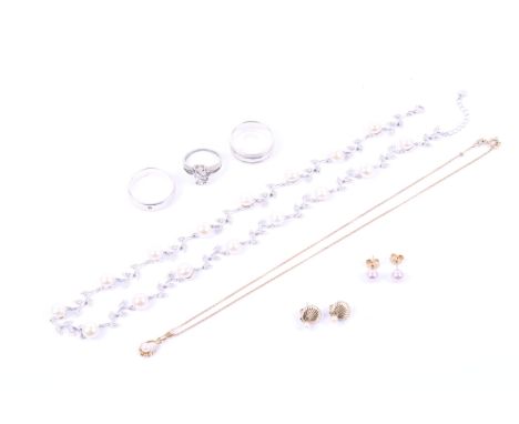 A 9ct gold and cultured pearl pendant and chain and other items. Comprising; a cultured-pearl single stone beaded-hoop pendan