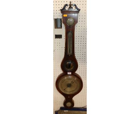 An early 19th century mahogany four-dial wheel barometer, the lower silvered scale signed R.D. Foot, Faversham, 99cm