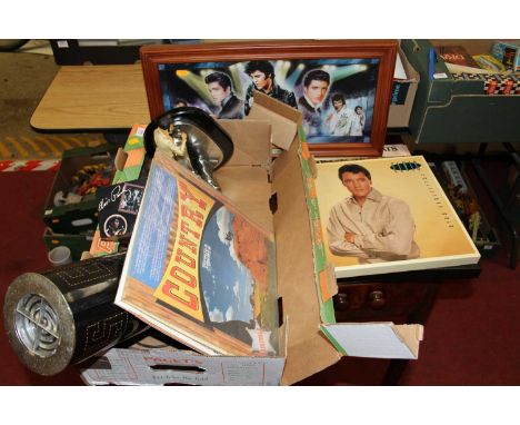 A tray of Elvis related memorabilia, to include LPs and other records, diecast figures, lamps etc 