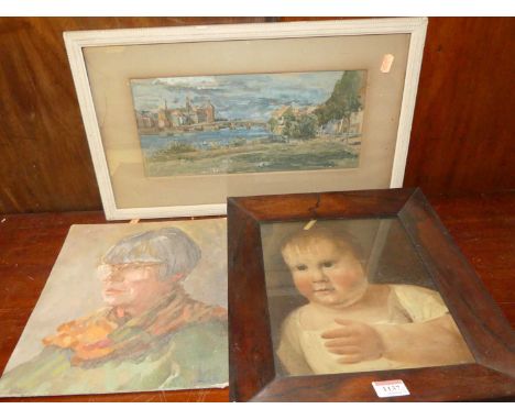 Bob Brown - portrait study, oil on mill board, signed and dated '91 lower right, 30 x 25.5cm; 19th century school - head and 