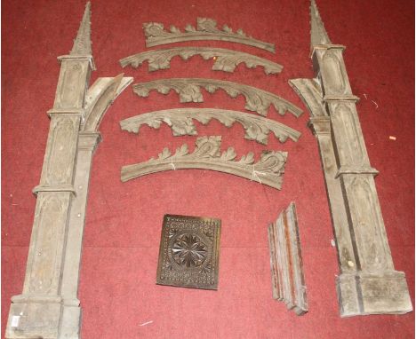 A collection of Victorian Gothic Revival carved oak ecclesiastical architectural fragmentsThe two longest upright pieces meas