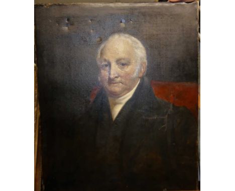 19th century English school - half-length portrait of a gentleman, oil on canvas (re-lined and with restoration), unframed, 7