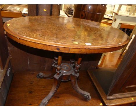 A small mid-Victorian figured walnut and floral satinwood inlaid oval pedestal loo table, width 90cm