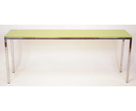 A contemporary chrome and heavy glass topped long console table, the yellow reverse coloured top surface over plain square su