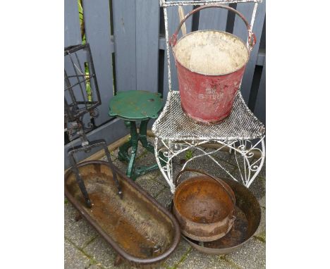 Garden occasional items, to include; wirework side chair, swing handled fire bucket, cast iron pedestal table base, cast iron