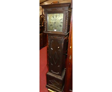 An early 20th century geometric moulded oak longcase clock, the square silvered dial signed Mable, London, with subsidiary se